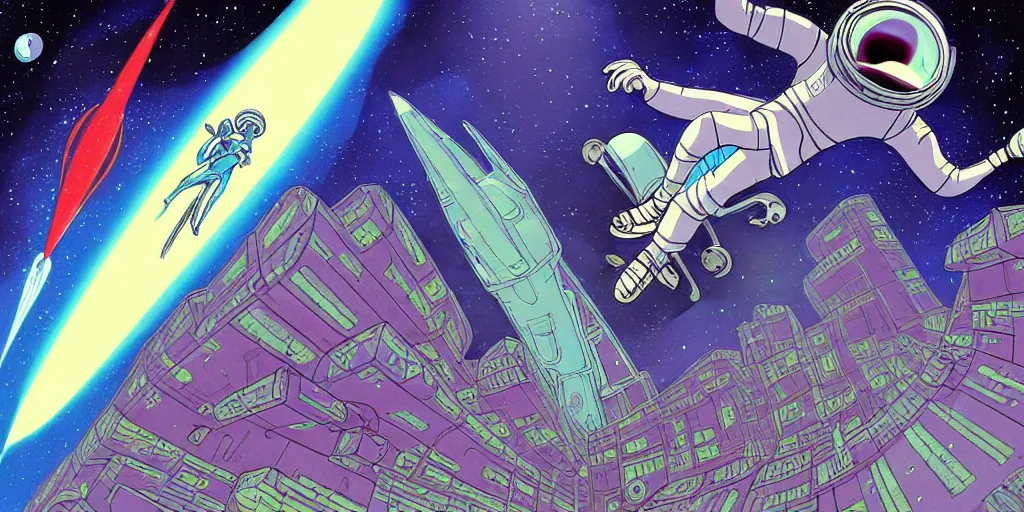 Image similar to traditional drawn colorful animation a close look to solo skateboarder jumping, futuristic city street, space station planet afar, planet surface, ground, rocket launcher, outer worlds, hyper contrast well drawn, in Metal Hurlant, in Pilote, in Pif, by Jean Henri Gaston Giraud animation film The Masters of Time FANTASTIC PLANET La planète sauvage animation by René Laloux