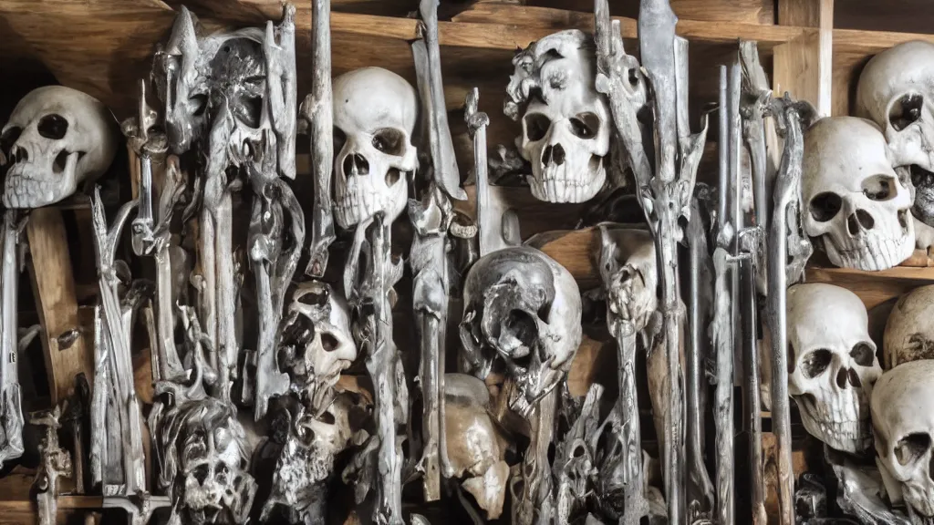 Prompt: A shelf of vampire skulls, silver vampire-hunting guns and wooden stakes