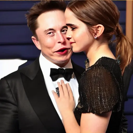 Prompt: emma watson and elon musk on a local newspaper caught kissing