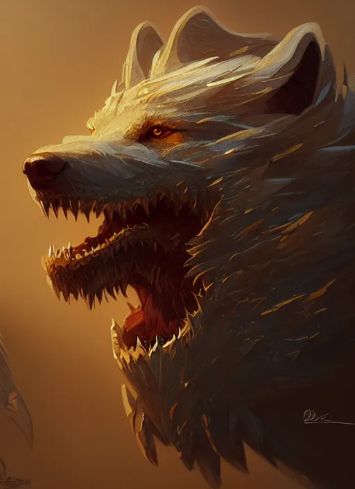 Prompt: anthropomorphic dire wolf bringer, intricate, elegant, highly detailed animal monster, digital painting, artstation, concept art, smooth, sharp focus, illustration, art by artgerm and greg rutkowski and alphonse mucha, 8 k