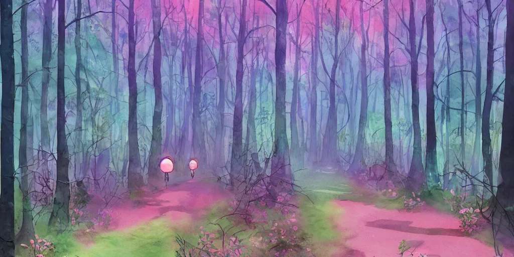 Image similar to path through a wide forest, modern contemporary, lanterns. watercolor art, expansive cinematic view, volumetric shading, intricate and detailed, highly saturated colors. breath of the wild style, by hayao miyazaki ghibli!!!. pastel!! pink!! accents. trending on artstation. award winning