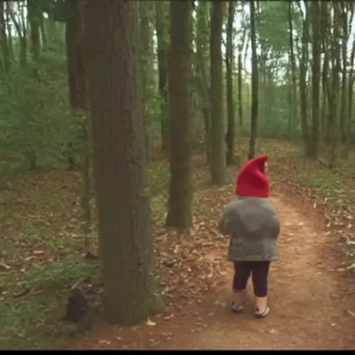 Image similar to bad quality screenshot of a leaked video of a small person dressed as gnome looking at me at a forest trail, photo taken from far away, night time, bright camera flash, camera shaking, disturbing, very scary, realistic, very disturbing, help me please im disturbed, ultrarealistic, 480p, scary