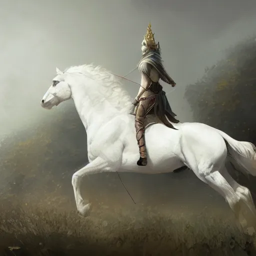Image similar to a white horse The one who rode him carried arrows and a bow in his hand, and they gave him a crown, digital Art, Greg rutkowski Trending artstation
