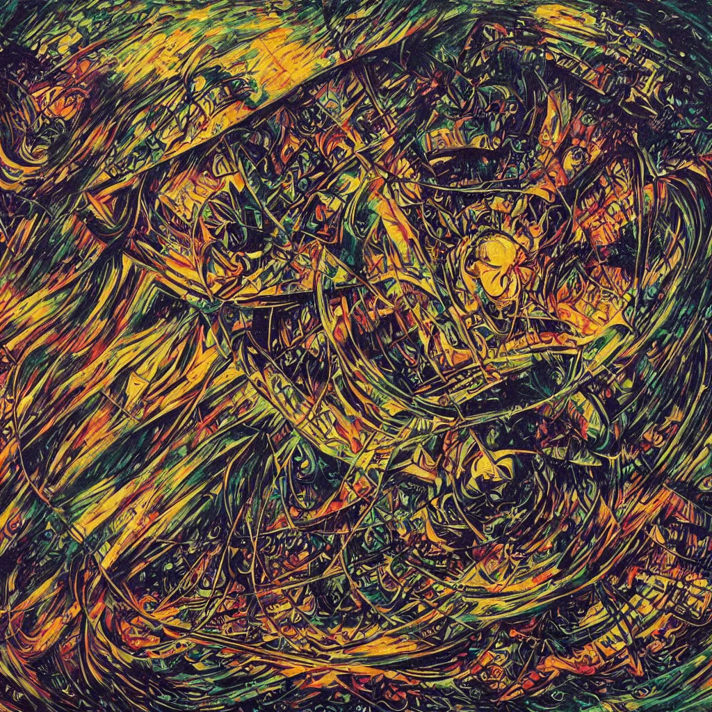 Prompt: the krebs cycle by Dan Mumford and Umberto Boccioni, acrylic on canvas