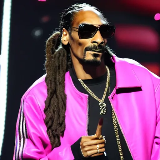Image similar to Snoop Dogg wearing a pink leather jacket on stage at a music award show holding a dog
