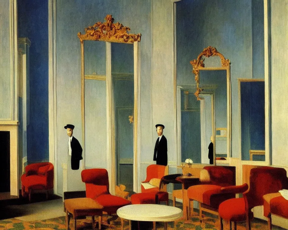 Prompt: achingly beautiful painting of a sophisticated, well - decorated, modern salon by rene magritte, monet, and turner.