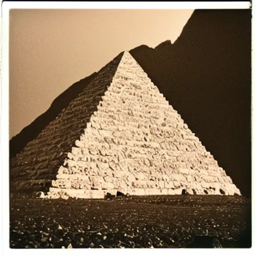 Prompt: a pyramid made from round smooth rocks put one on another, polaroid photo, instax, white frame, by Warhol,