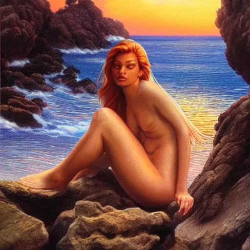 Prompt: a beautiful photo of a mermaid sits on a rock and stares at the island, sunset lighting, hyper realistic, 1 0 5 mm, style by boris vallejo, amazing