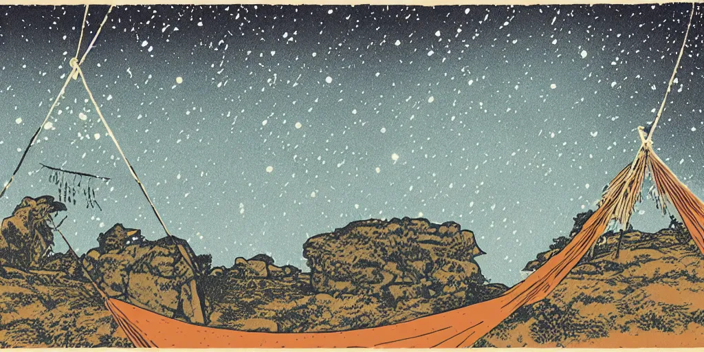 Prompt: a hammock under the stars next to an impossible rock formation with comets and trees, 1940s faded risograph print, illustration, limited color palette, earthtones, double-exposure, astrophotography