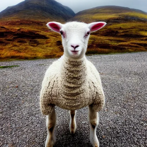 Image similar to lamb wearing a sweater, sweater, canon portrait, full body shot, 4k, hills in the background, symmetry!!, coherent, photorealistic, cold colors, Scotland artstation,