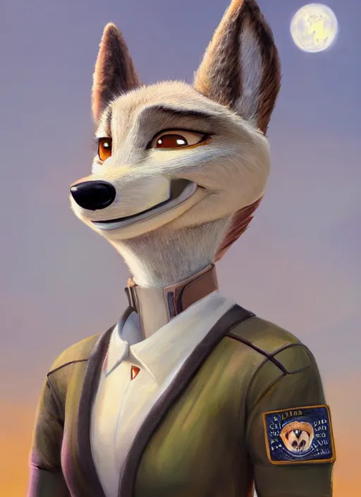 Image similar to oil painting detailed full body of anthromorphic female wolf, in style of zootopia, zootopia, zootopia, fursona, furry, furaffinity, 4 k, deviantart, furry art, fursona art, wearing astronaut outfit, in style of zootopia, wolf fursona, cyberpunk, female, expressive, detailed feminine face,