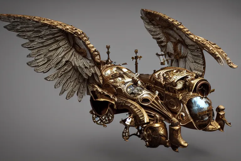 Prompt: Gigantic luxury baroque steampunk birdshaped spaceship made of bone, rendered in unreal engine 5, cryengine, arnold and zbrush, epic lighting