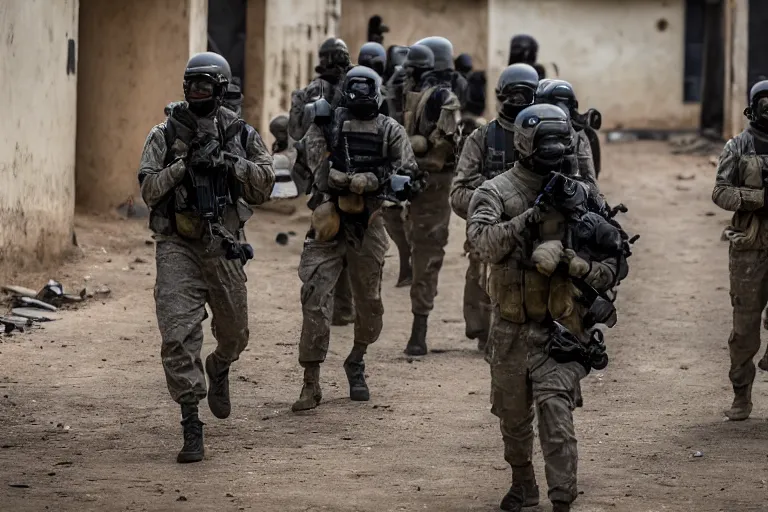 Image similar to Mercenary Special Forces soldiers in grey uniforms with black armored vest and black helmets in urban warfare in Africa 2022, Canon EOS R3, f/1.4, ISO 200, 1/160s, 8K, RAW, unedited, symmetrical balance, in-frame, combat photography