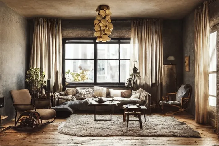 Prompt: tastefully decorated dark dreamy living room with dark luxurious furnishings, and a mix of antique and modern furniture, and a mix of concrete and wood finishes, soft focus cinematic still, dark dreamy golden sunset dappled light