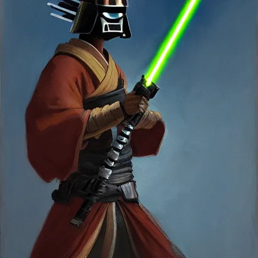 Image similar to painting of a samurai holding a lightsaber, katana, star wars, kabuto, armor, darth revan, star killer, jedi, fenghua zhong, ruan jia, jeremy lipking, peter mohrbacher, laser, ralph mcquarrie, sword, lightsaber katana, sekiro