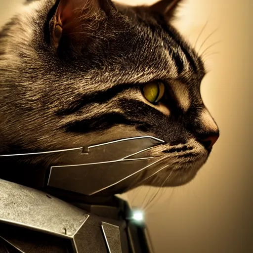 Image similar to cat in a mecha armor, moody lighting, 8 k, shallow depth of field, cinematic lighting,