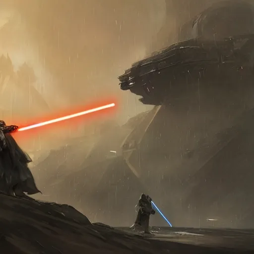 Image similar to star wars concept art by greg rutkowski, an epic lightsaber duel between two jedi and a sith, on a fortress surrounded by a stormy sea, stressful atmosphere, cinematic lighting, artstation hq