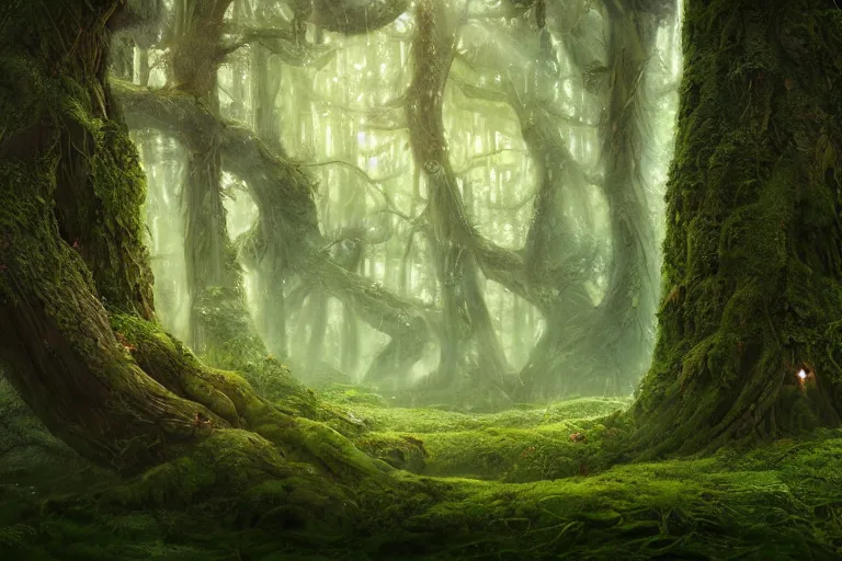 Prompt: magical forest forest, ghibli studio, cellshaded, nausicaa anime style hyper realistic, mossy tangled trees, ambient lighting, concept art, intricate, hyper detailed, smooth, dynamic volumetric lighting, octane, raytrace, cinematic, high quality, high resolution, 4 k, cgsociety, rutkowski, gurney