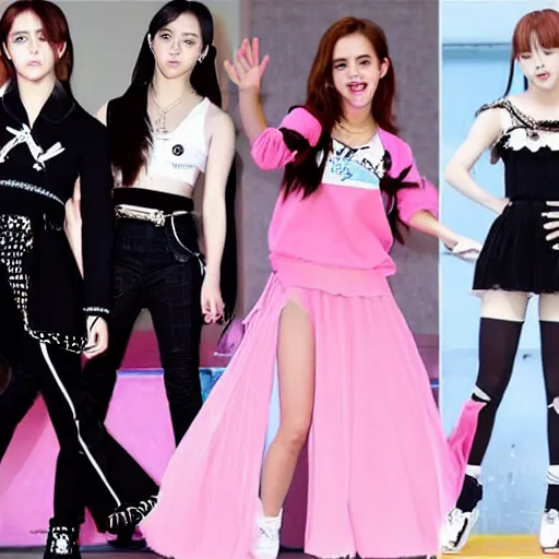 Image similar to Emma Watson as Kpop idol girl group Blackpink; She is dancing on the stage; Wearing girlish Suits