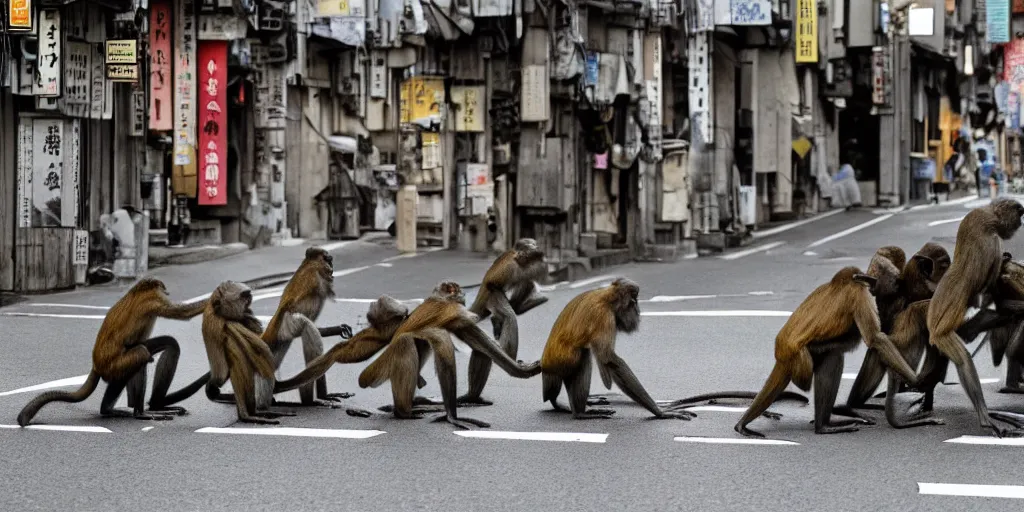 Image similar to a tight shot of a dozen monkeys attacking a street in Japan by Ashley Wood, rule of thirds