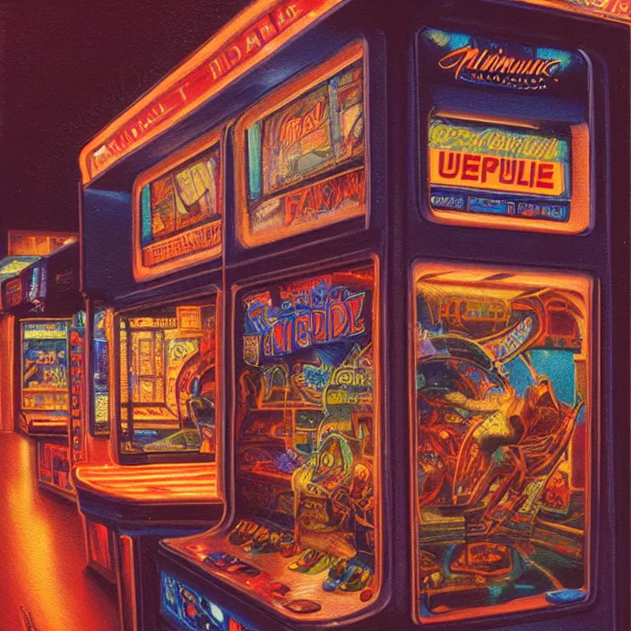 Prompt: liminal polaroid of an arcade at night, art by tim hildebrandt, deep depth of field. highly detailed, hyper realism, hd, 4 k