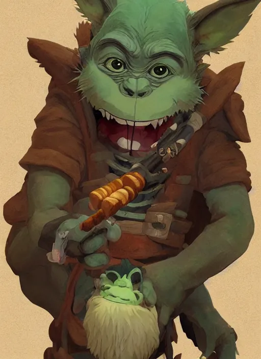 Image similar to studio ghibli pathfinder 2 e illustration of goblin mixed with a monkey smoking a cigar, character portrait, unreal engine, hyper realism, realistic shading, cinematic composition, realistic render, octane render, detailed textures, photorealistic, wide shot