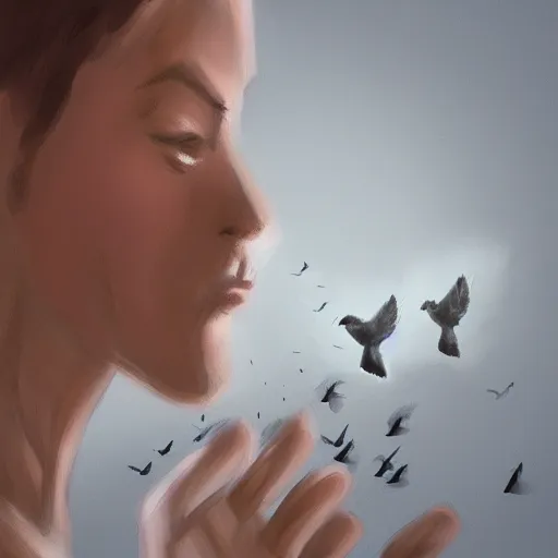 Image similar to doves flying into a human ear, digital painting, trending on artstation