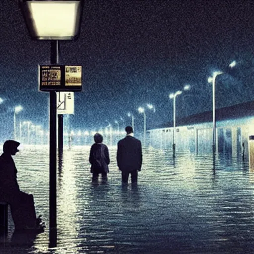 Image similar to a some people waiting in a lone bus stop in quiet dark city night at flooded world in Interstellar movie, high quality, high resolution,detailed