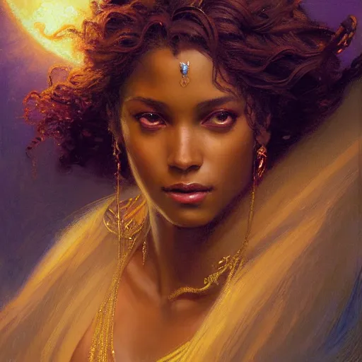 Image similar to young black woman, goddess of light, long flowing hair, smug expression, highly detailed painting by gaston bussiere, craig mullins, j. c. leyendecker 8 k