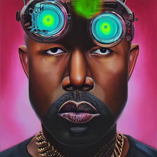 Image similar to a realistic oil painting of a cybernetic kanye west cyborg, surrealism portrait, surrealism album cover