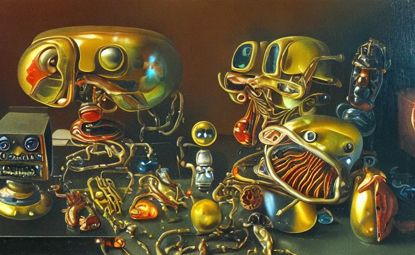 Image similar to strange robot body, disturbing colorful oil painting dutch golden age vanitas still life sparse composition with bizarre objects strange gooey transparent surfaces shiny metal reflections bizarre mutant meat insects rachel ruysch dali todd schorr very detailed perfect composition rule of thirds masterpiece canon 5 0 mm, cinematic lighting, photography, retro, film, kodachrome