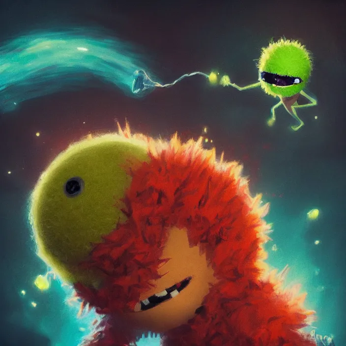 Image similar to cinematic portrait of a cute tennis ball monster in the abyss of space, chalk, masterpiece, trending on artstation, featured on pixiv, cinematic composition, dramatic pose, beautiful lighting, sharp details, hyper-detailed, HD, HDR, 4K, 8K, art by Basil Gogos