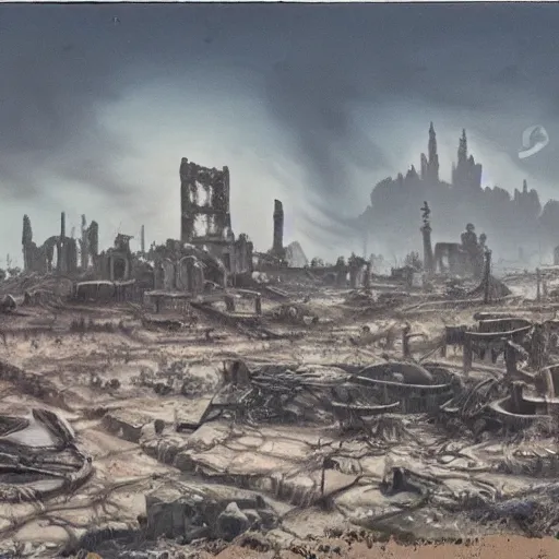 Image similar to 1 9 4 8 unused disney matte painting of a wasteland with the ruins of a modern city in the distance.