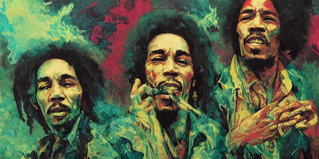 Image similar to Bob Marley and Jimi Hendrix smoking herb, very detailed, Green Smoke, large white border, hd, high resolution print :1 Red, Gold and Green by Sachin Teng, Tom Bagshaw, Greg Rutkowski, Carne Griffiths, trending on deviant art :1