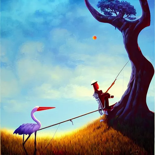 Prompt: an acrylic painting of a giant stork on a fishing pole on a wizard in the woods by a demon tree,, poster art by rhads, behance contest winner, psychedelic art, cosmic background