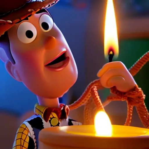 Prompt: close up of woody from toy story melting buzz light year over a candle, cinematographic shot, cartoon