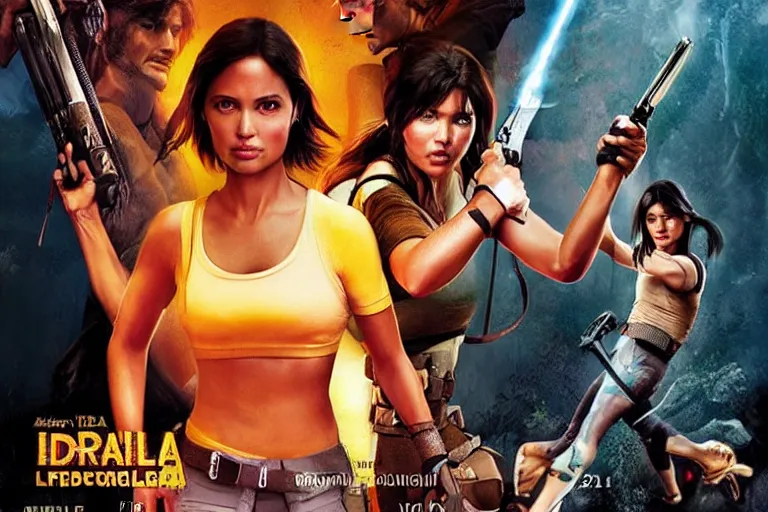 Prompt: Isabela Merced as Dora the Explorer vs Angelina Jolie as Lara Croft, movie poster, film by Michael Bay