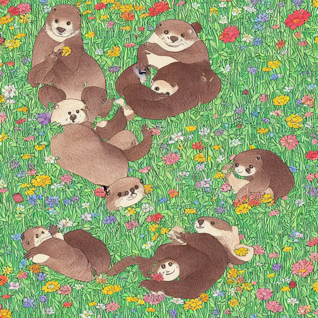 Image similar to a color manga illustration of an otter and a sloth lying in a field of wildflowers and eating sushi. the view is top down. his mood is one of delicious bliss. the image is illustrated in high colorful detail by masashi kishimoto and is very very very detailed.