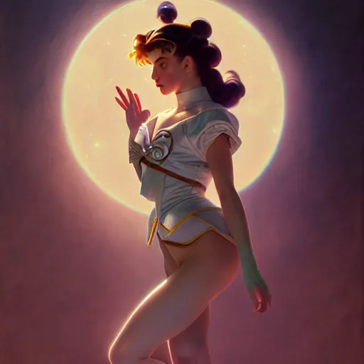 Prompt: of Sailor Moon, dark fantasy, medium shot, intricate, elegant, highly detailed, digital painting, volumetric light, artstation, concept art, smooth, sharp focus, illustration, art by Gil Elvgren and Greg Rutkowski and Alphonse Mucha