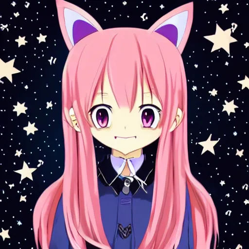 Prompt: Anime girl with long pink hair, blue eyes, and cat ears, in a school uniform, holding a magic wand, with a starry background, in a cute/kawaii style, trending on artstation, artstationHD, artstationHQ.