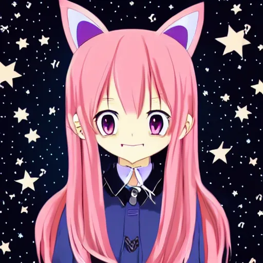 Anime girl with long pink hair, blue eyes, and cat