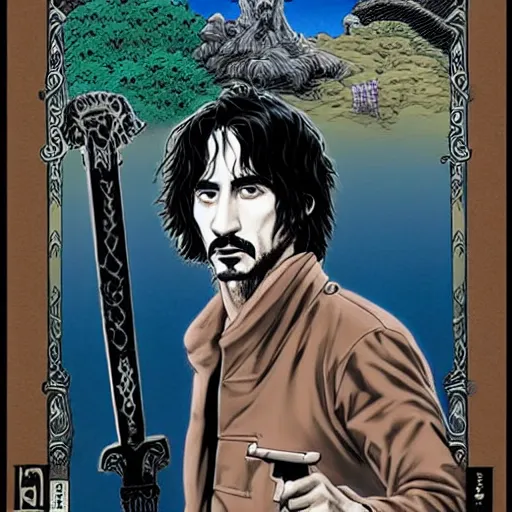 Prompt: attractive 22 year old Frank Zappa x Daniel Radcliff x Keanu Reeves golden Vagabond magic swordsman glides through a beautiful battlefield magic the gathering dramatic esoteric!!!!!! pen and ink!!!!! illustrated in high detail!!!!!!!! by Hiroya Oku!!!!! Written by Wes Anderson graphic novel published on shonen jump 2002 award winning!!!!