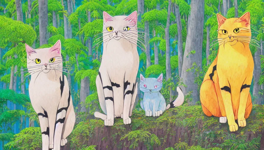 Image similar to highly detailed contemporary acrylic painting of really tall sitting cats by studio ghibli, thick brush strokes and visible paint layers, dense overgrown forest background, vivid pastel color scheme