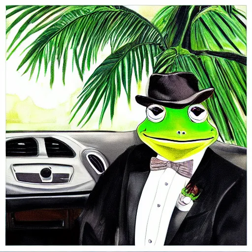 Image similar to photo of a frog in a tuxedo driving car, oil painting, portrait, palm trees