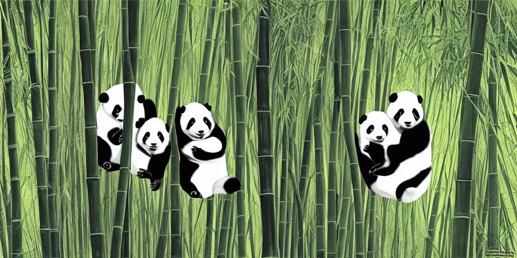 Image similar to “4 pandas hiding in a bamboo forest”