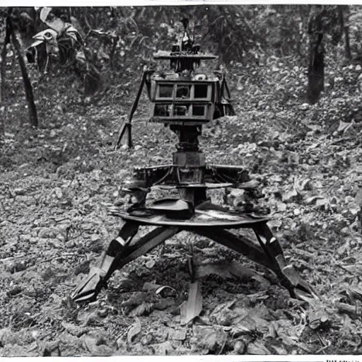 Image similar to a 1900s photo of a gundam found abandoned in a cambodian forest,