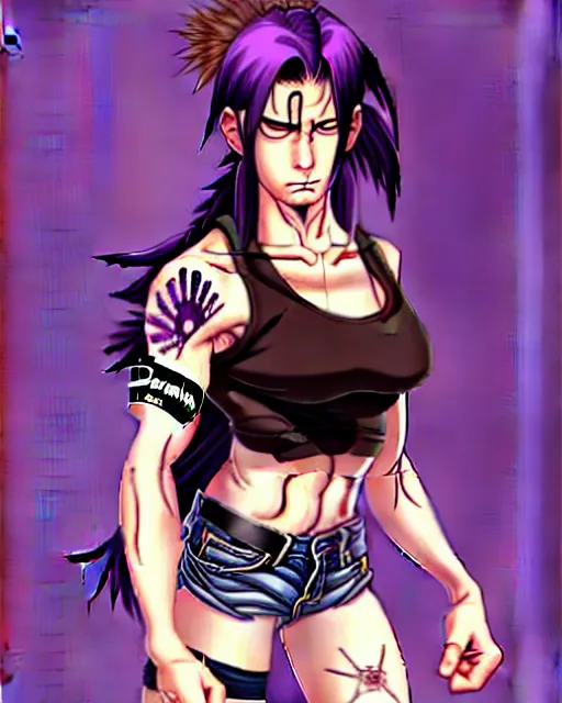 Image similar to a portrait of revy from black lagoon, dilraba dilmurarevy, smirk, black tank top, jean shorts, brown eyes, purple hair, tribal tattoos right arm sleeve, symmetrical eyes, symmetrical face, art by lois van baarle and loish and ross tran and rossdraws and sam yang and artgerm