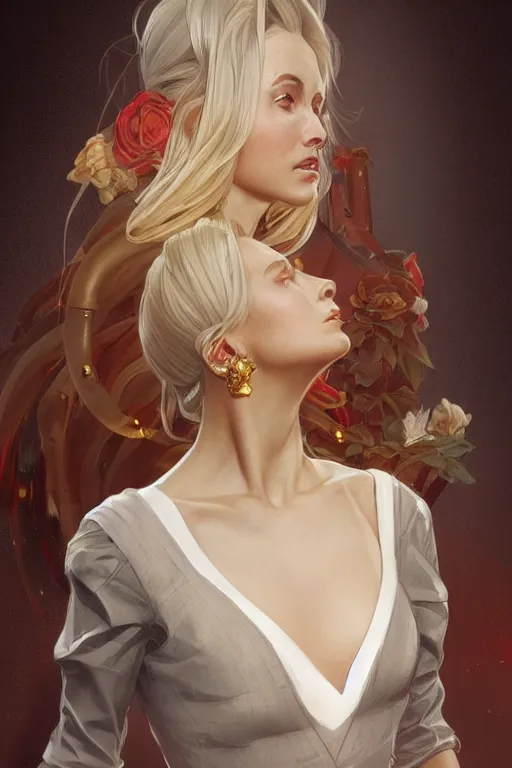 Image similar to a girl wearing a golden dress, grey hair, red necktie, cinematic, stunning, highly detailed, digital painting, artstation, smooth, hard focus, full body shot, illustration, art by artgerm and greg rutkowski and alphonse mucha