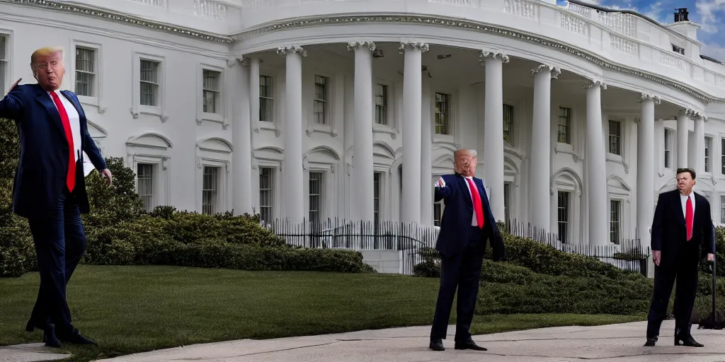 Prompt: a professional cinematic photo of one single donald trump fighting one single elon musk on top of white house. extremely high fidelity. key light.