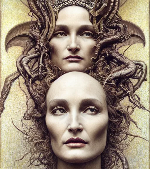 Image similar to detailed realistic beautiful young jessica lange as queen of mars face portrait by jean delville, gustave dore and marco mazzoni, art nouveau, symbolist, visionary, gothic, pre - raphaelite. horizontal symmetry by zdzisław beksinski, iris van herpen, raymond swanland and alphonse mucha. highly detailed, hyper - real, beautiful